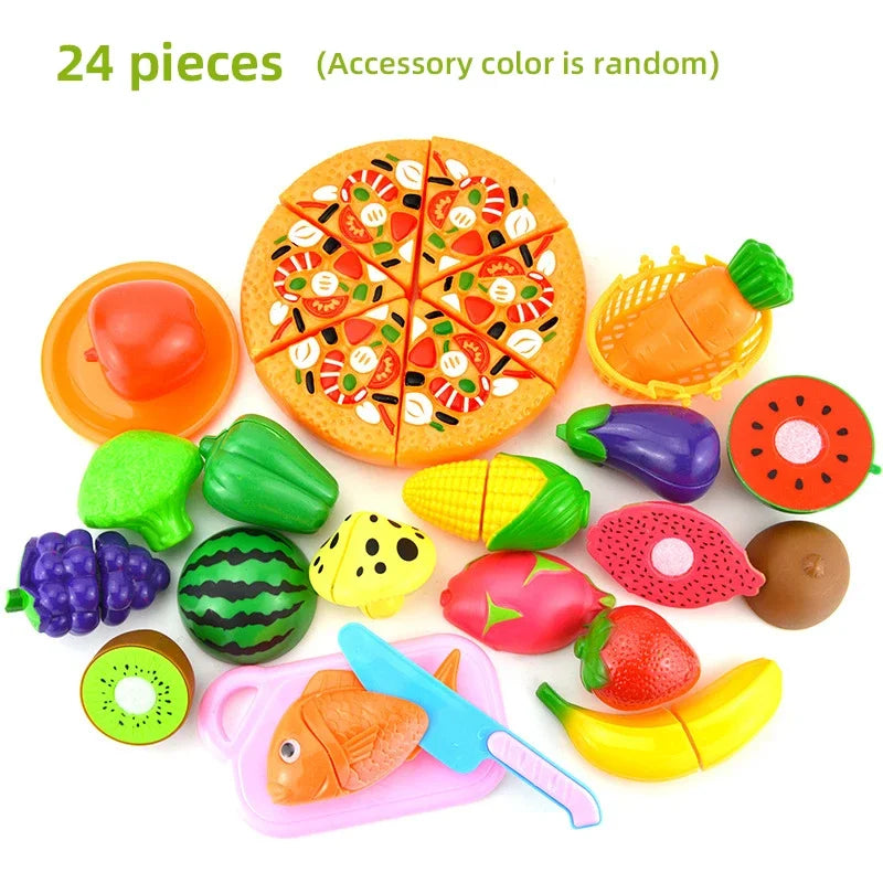 A set of 24 colorful pretend play cutting food toys including a pizza, fruit slices, and other food items.