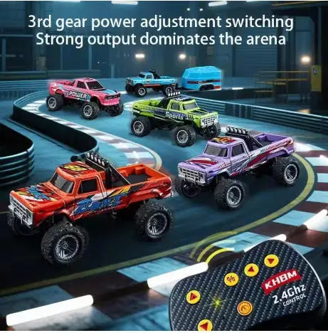 A collection of 3rd gear power adjustment switching off-road cars on a track with a controller visible.