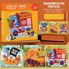 A box of Level Up puzzles featuring transportation vehicles like a dinosaur truck and boats for children.
