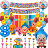 A collection of colorful balloons, banners, and decorations for a circus clown themed kids' birthday party.