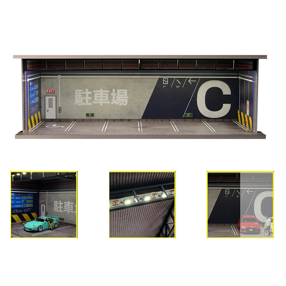 A 1:64 scale LED miniature car garage diorama showing a parking lot entrance with Japanese text and a large letter C.