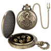 A brass steampunk dragon pocket watch dice case with an open lid and a chain.