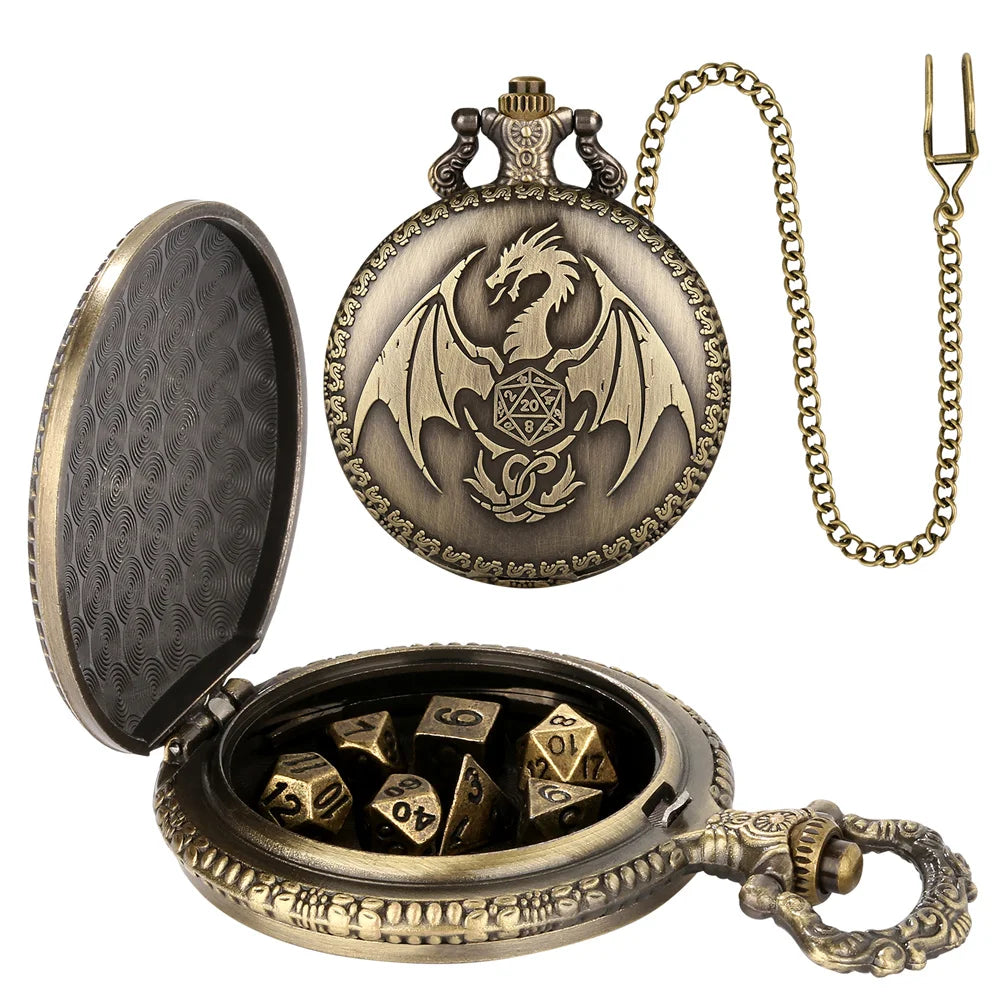 A brass steampunk dragon pocket watch dice case with an open lid and a chain.