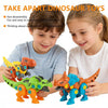 Two children are playing with a disassembled dinosaur toy set, showing the fun and easy assembly of the toys.