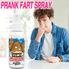 A young man is shown applying a Super Stink Mega Bottle prank fart spray to his face.