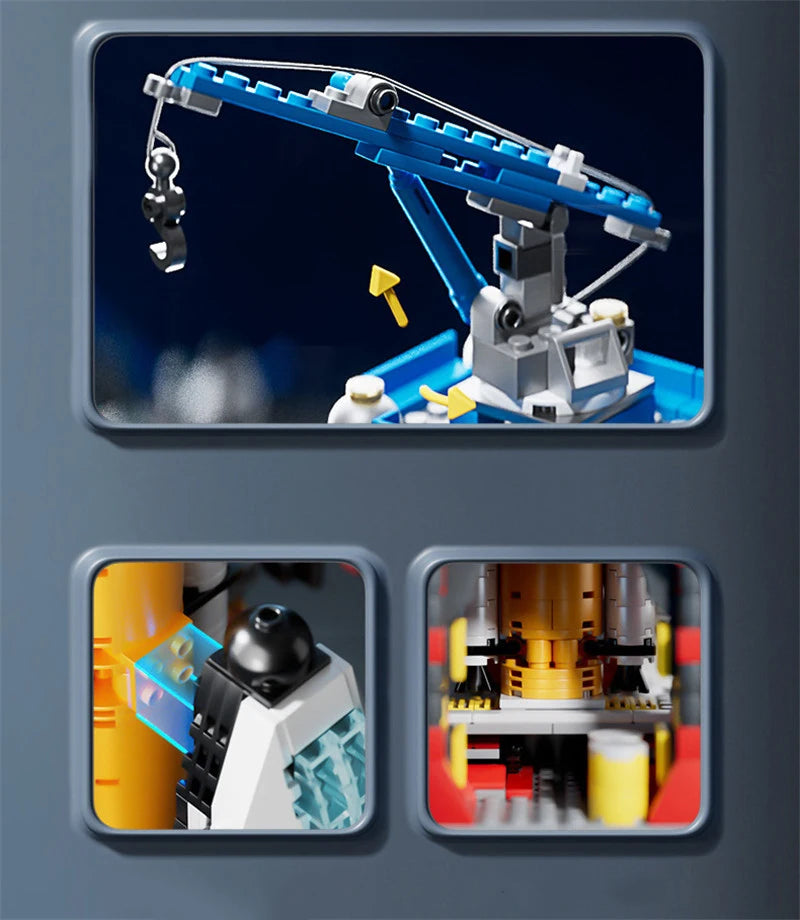 A close-up view of a blue space rocket building block set with a launch center mechanism.