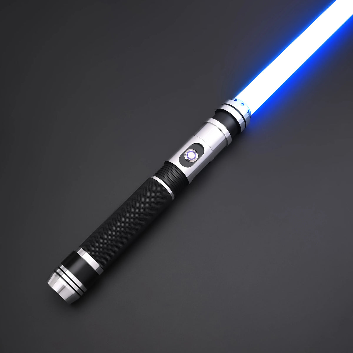 A white lightsaber with a blue glow and black grip is shown diagonally against a dark gray background.