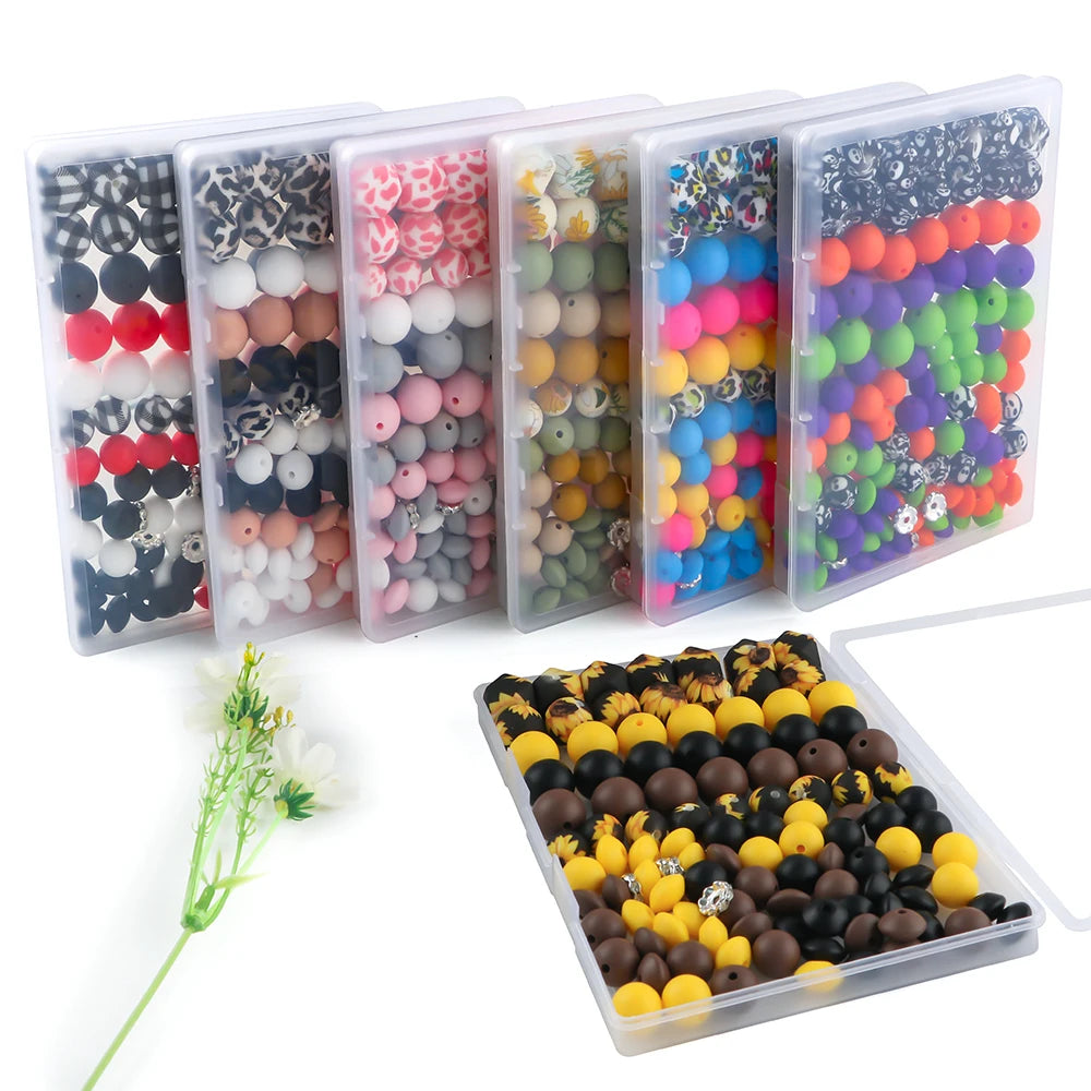 A collection of 117 mixed bead and rhinestone set for jewelry making displayed in clear plastic containers.