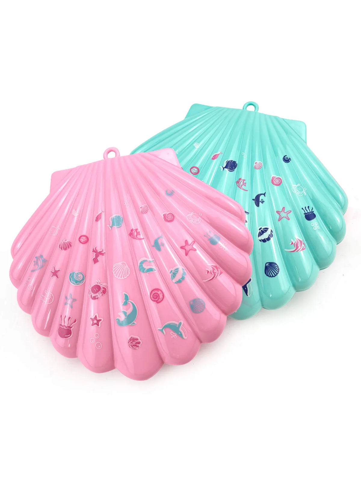 A pink and teal multi-layer shell case for a kids princess makeup toy set.
