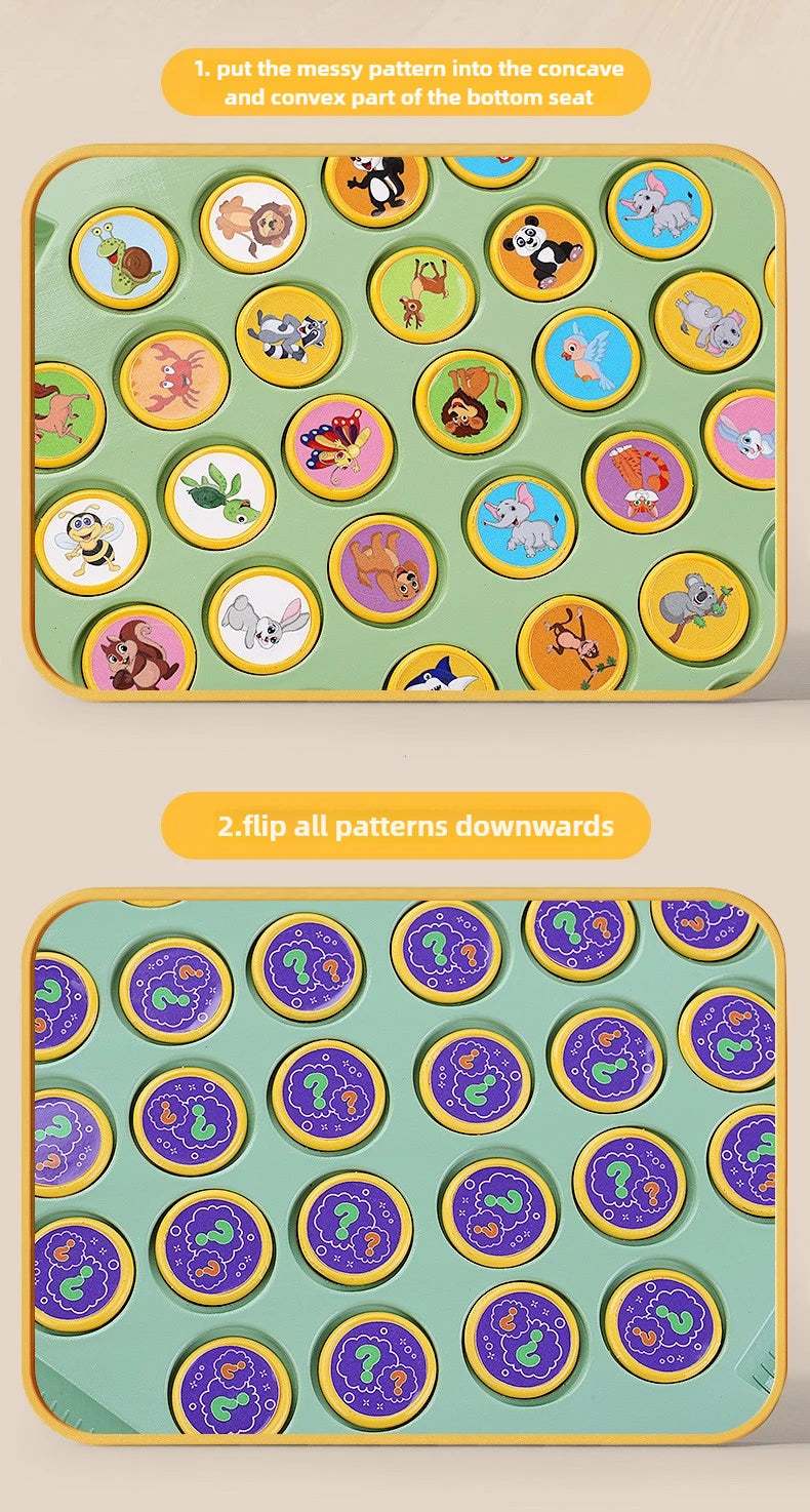 A green and yellow puzzle board showing patterns of various animals, with instructions to flip the patterns downwards.