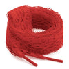 A spool of red flat elastic silk lace shoelaces coiled on a white background.