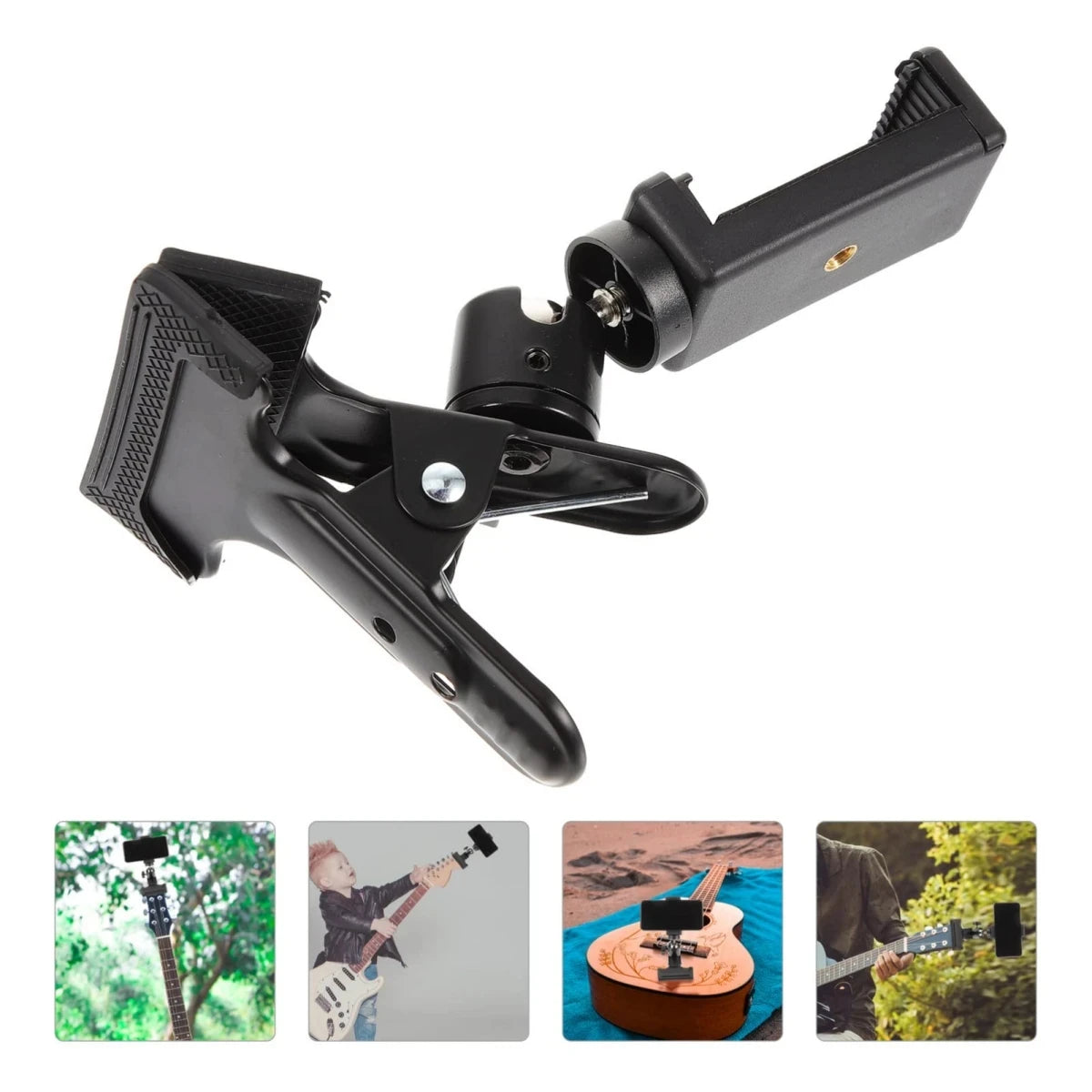 A black 360° rotating guitar phone mount used for live streaming and recording.