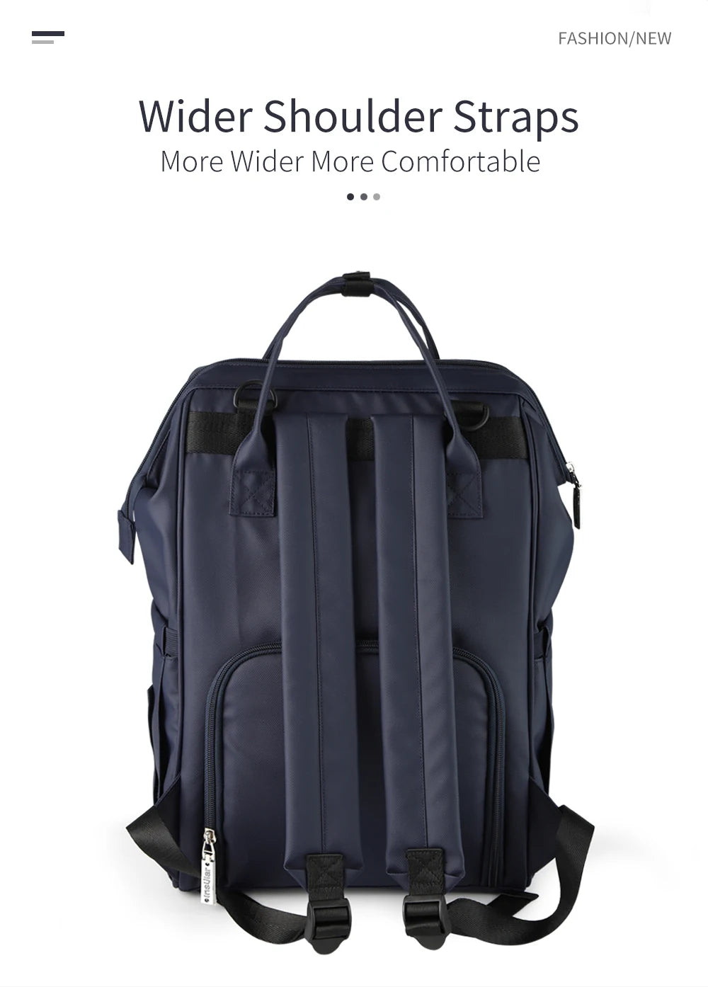 Navy waterproof diaper backpack with shoulder straps and a changing mat visible from the back.