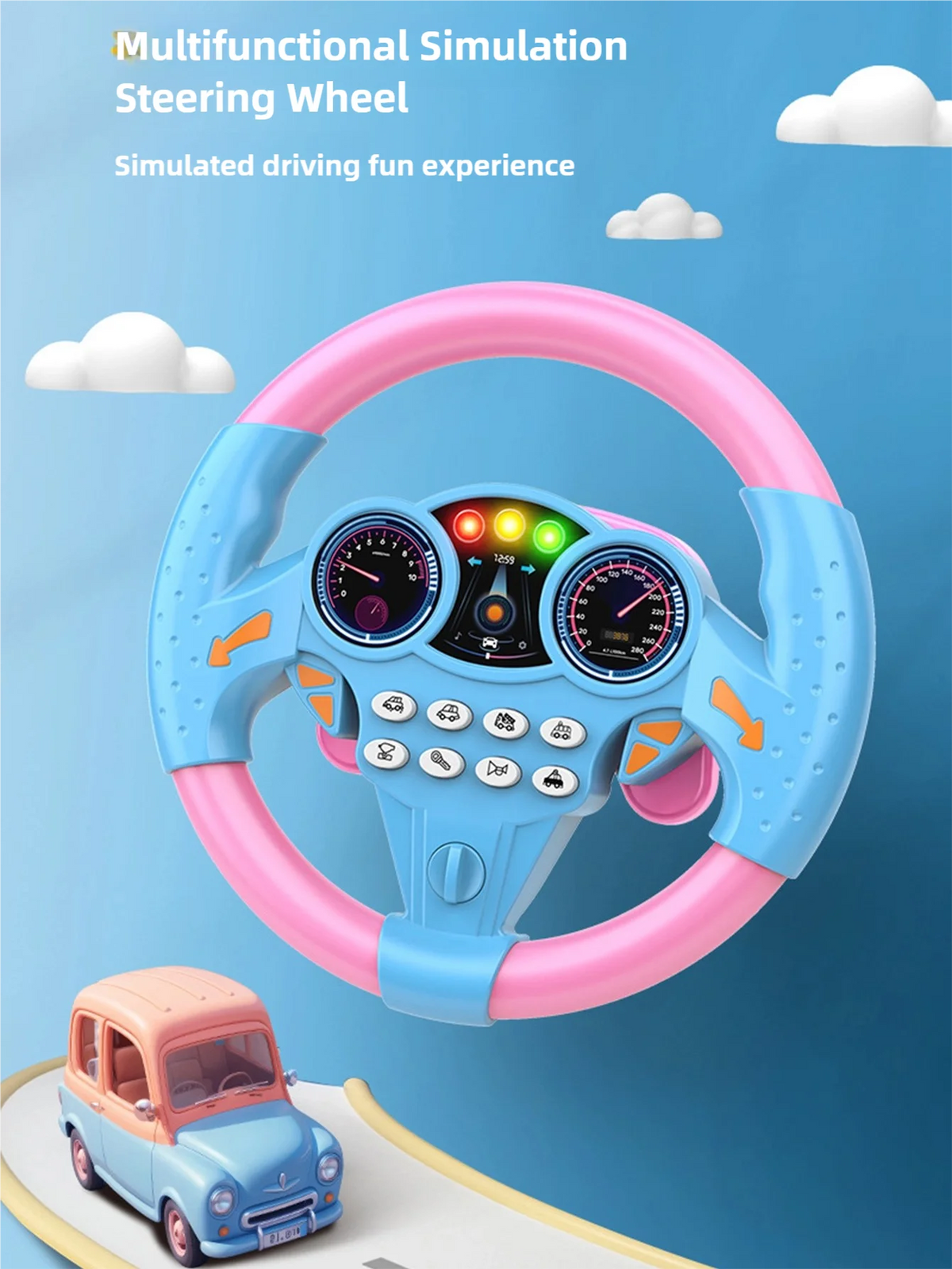 Volant multifonction rose et bleu avec une petite voiture sur une piste courbe.