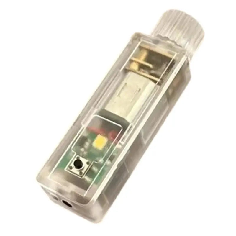 A clear plastic hand-cranked fidget light bulb with an LED inside.