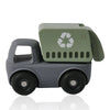A green and gray Montessori silicone toy car set for toddlers with large wheels.