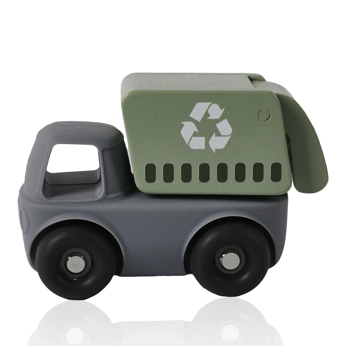 A green and gray Montessori silicone toy car set for toddlers with large wheels.