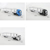 A blue 1:50 scale diecast container truck with pull-back action, showing various dimensions.