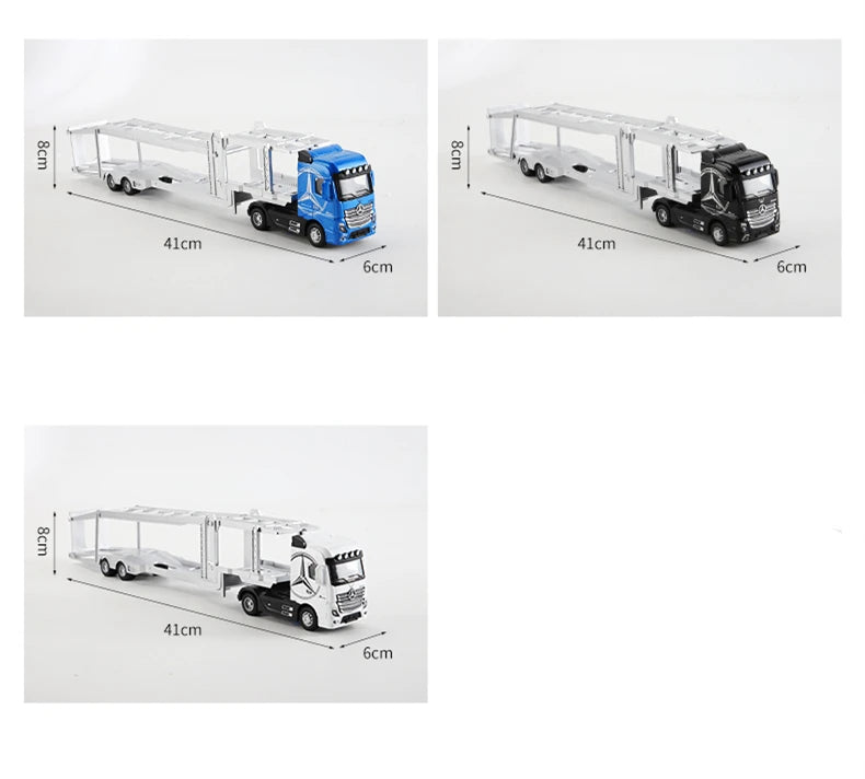 A blue 1:50 scale diecast container truck with pull-back action, showing various dimensions.