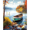 A watercolor painting depicting a serene lake landscape with trees and a wooden boat.