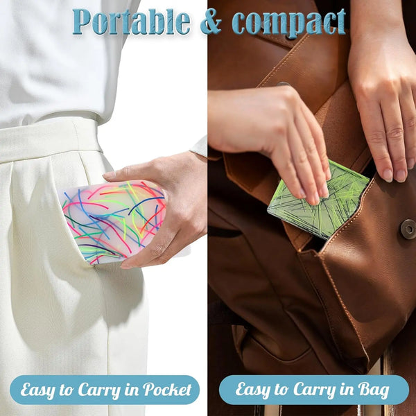 A silicone sensory fidget tool is shown being carried in a pant pocket and a leather bag.