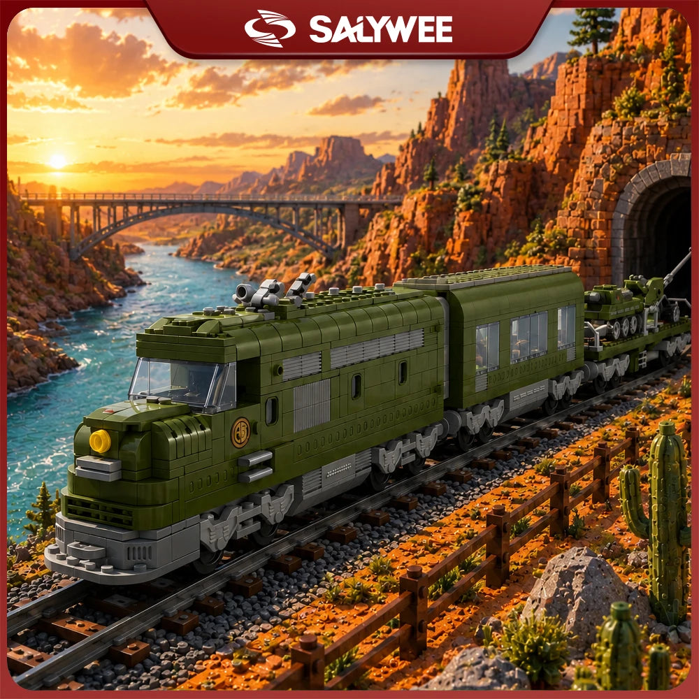 A model vintage steam passenger train locomotive in olive green running on railroad tracks amidst a desert landscape.