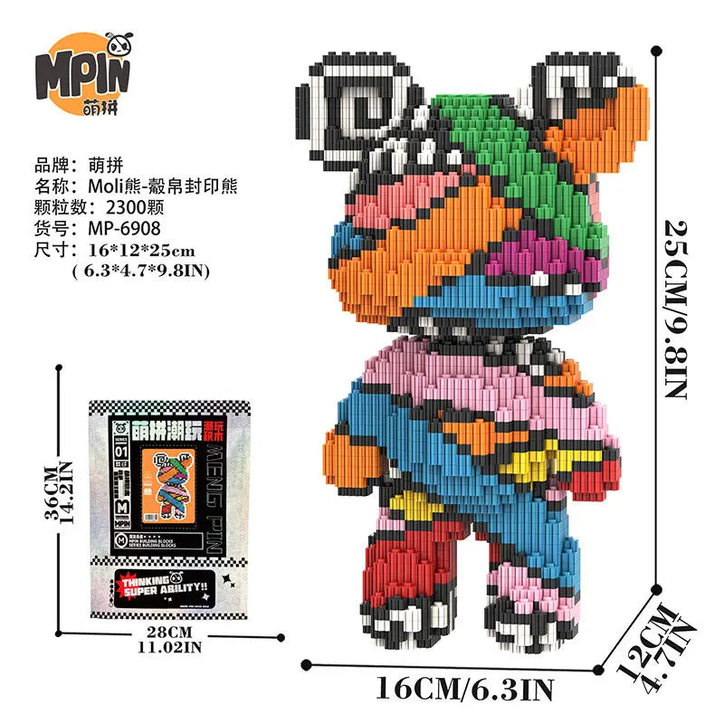 A colorful brick art bear figure made of building blocks with a packaging box and dimensions shown.