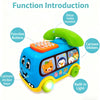 A blue toy bus car with function buttons, a detachable handset, cartoon stickers, and a built-in light.