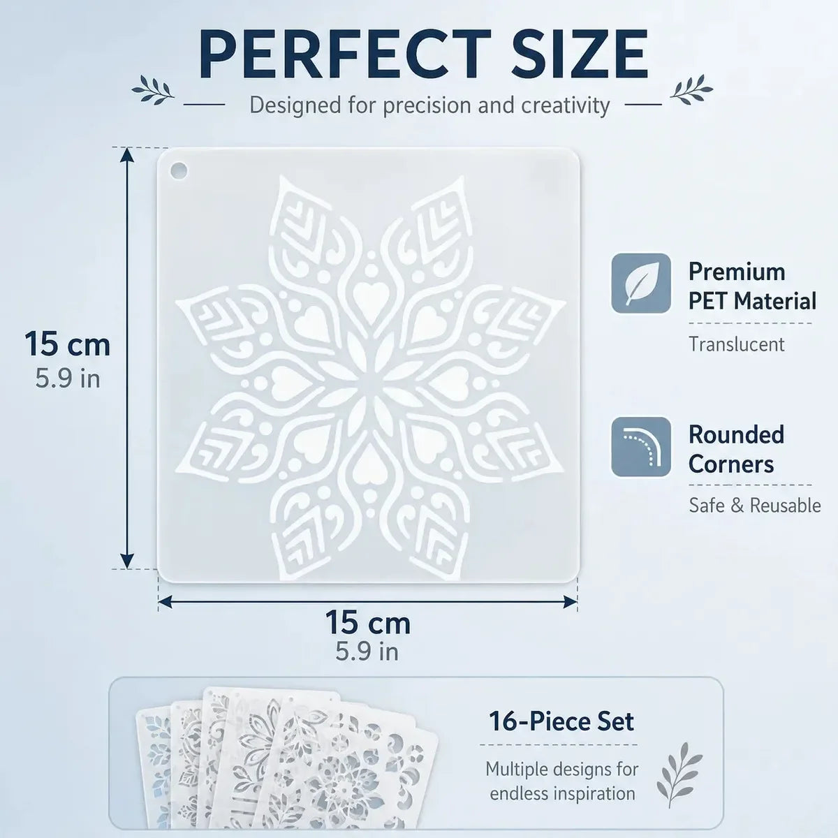 A clear acrylic mandala art stencil set featuring multiple designs for precision and creativity.