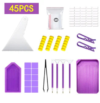 A purple diamond painting tool kit including a storage container, pens, tweezers, and a tray.