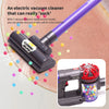 A purple electric vacuum cleaner with three replacement heads and a cleaning helper tool shown against a light background.
