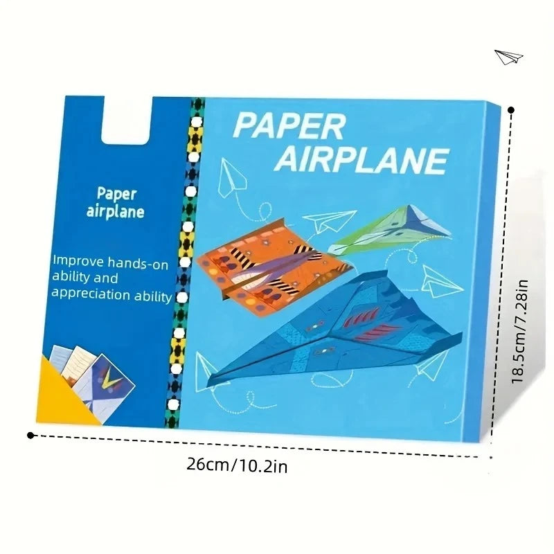 A blue and yellow craft kit featuring various paper airplane designs for children.