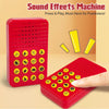 A red sound effects machine with multiple buttons is shown next to a hand pressing one of the buttons.