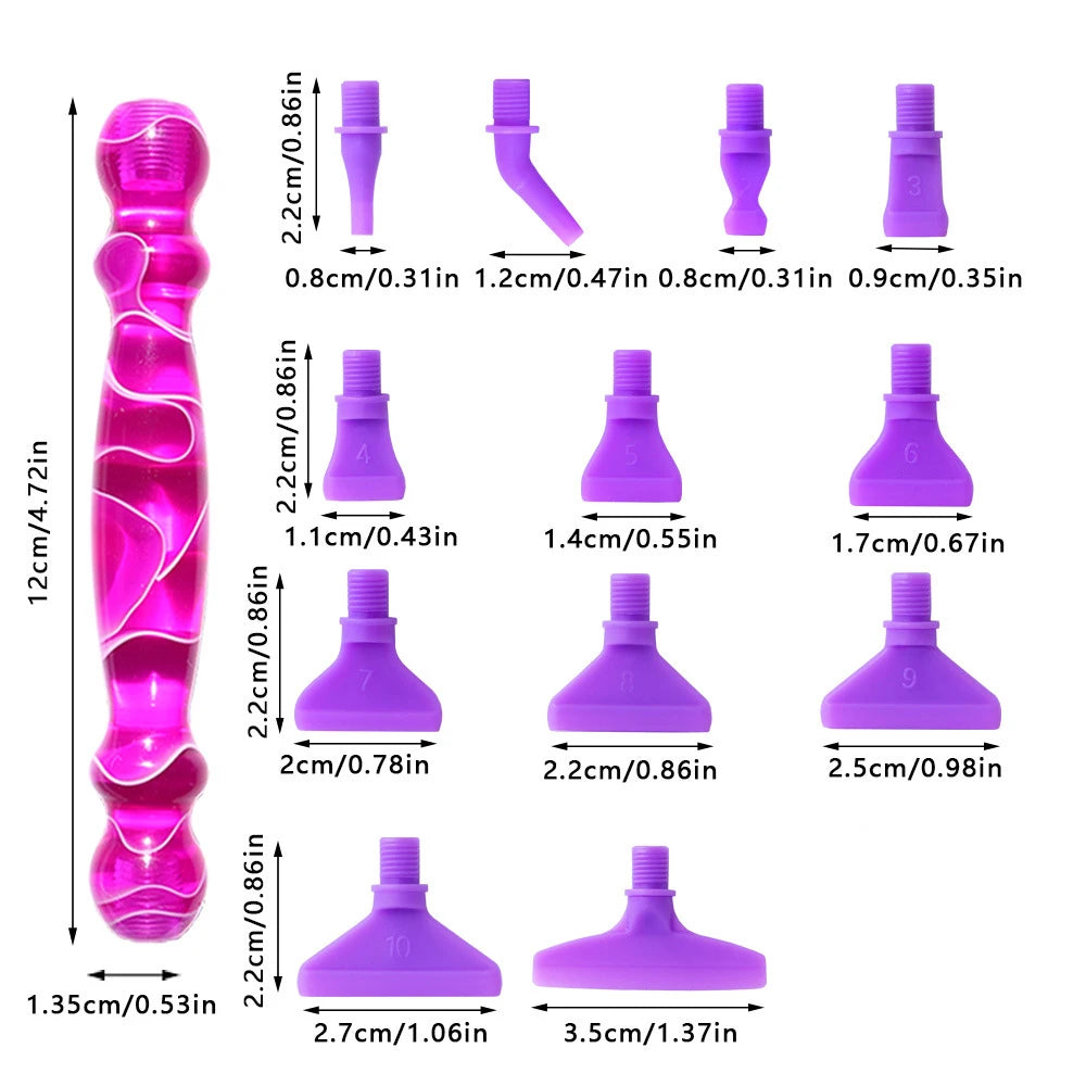 A set of twelve interchangeable tips for a Diamond Art pen kit, shown vertically with various sizes and angles.