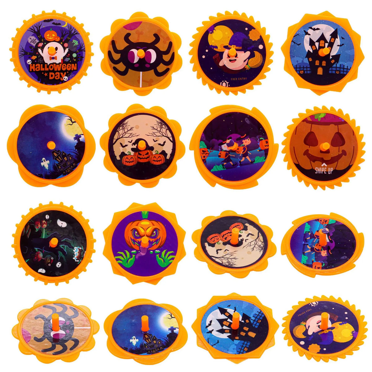A set of ten Halloween skull and pumpkin fidget toys featuring various spooky designs on a yellow background.