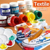 A set of fabric paint colors and a pair of shoes painted with vibrant designs.