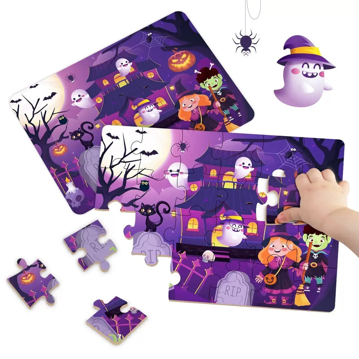 A set of jigsaw puzzles featuring Halloween-themed animal cartoons for kids