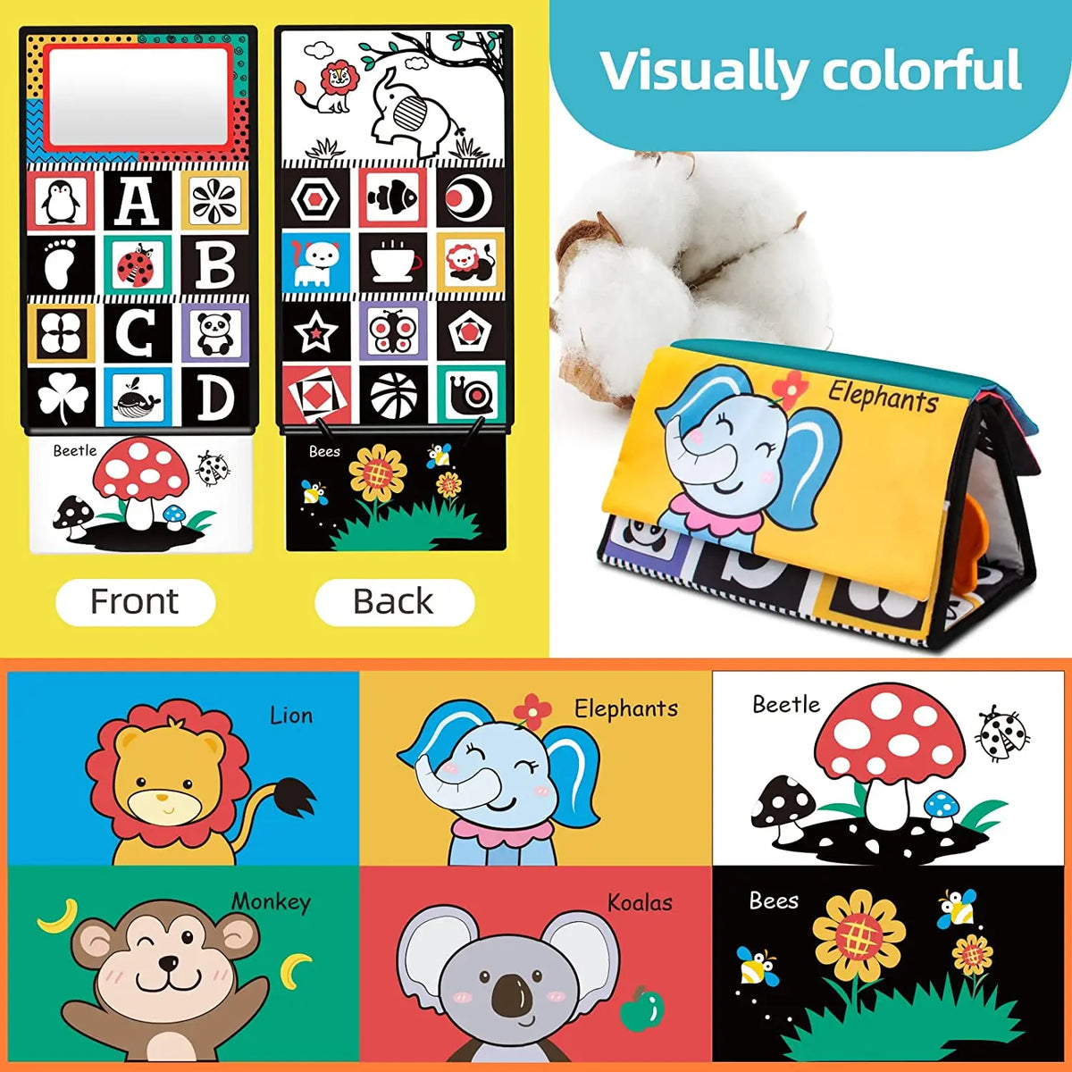 High-Contrast Tummy Time Baby Mirror with Crinkle Cloth Book and Teether