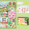 A collection of colorful interactive learning books and reusable stickers for toddlers featuring counting, matching, and sort