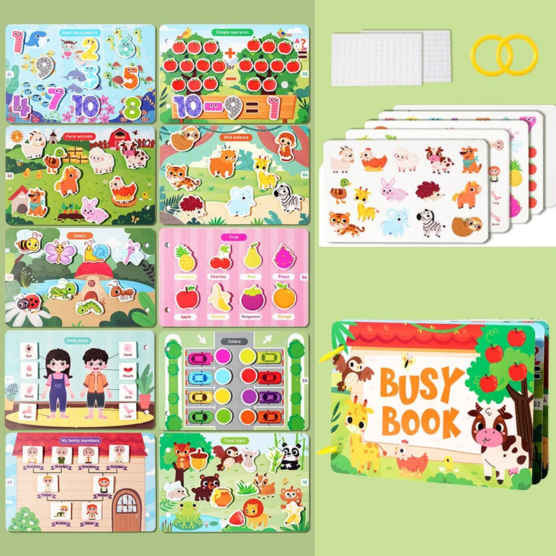 A collection of colorful interactive learning books and reusable stickers for toddlers featuring counting, matching, and sort