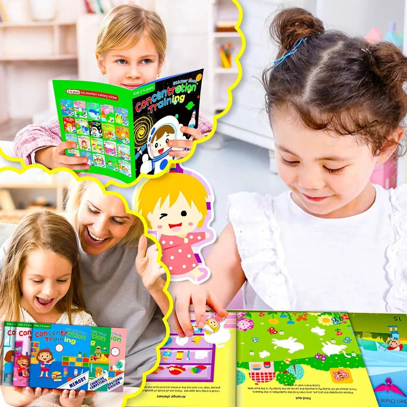 A group of children interacting with a colorful sticker book featuring animal scenes and preschool learning concepts.