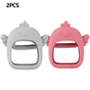 A pair of silicone hand-shaped teethers for babies, one gray and one pink.