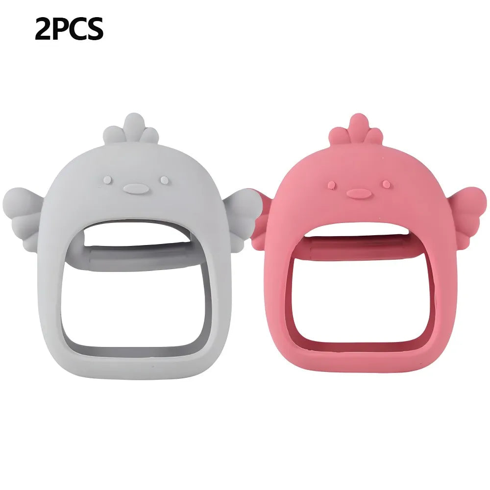 A pair of silicone hand-shaped teethers for babies, one gray and one pink.