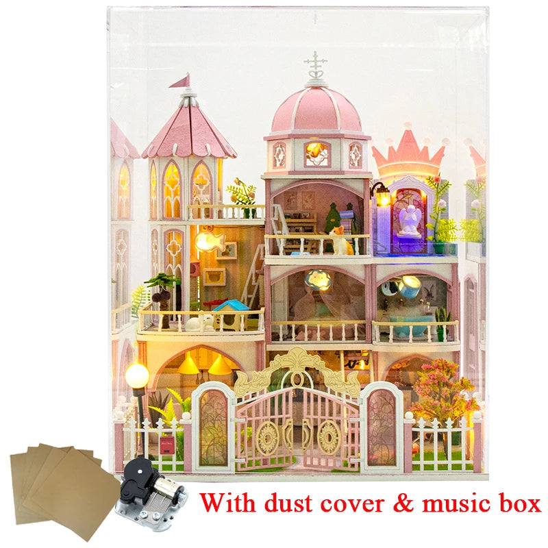A detailed wooden Windsor Castle dollhouse kit with LED lighting and furniture displayed in a clear box.