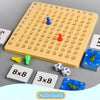 A yellow multiplication math board game featuring a grid of numbered tiles and colorful pieces.