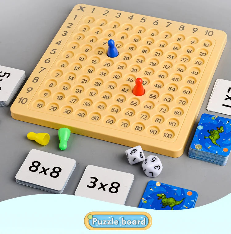 A yellow multiplication math board game featuring a grid of numbered tiles and colorful pieces.