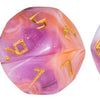 A set of seven translucent, glittery polyhedral dice in various colors and angles.