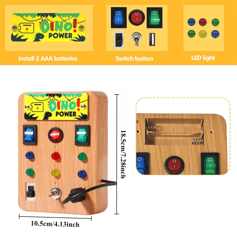 Wooden light-up busy board featuring a switch button and LED light, designed for toddlers.