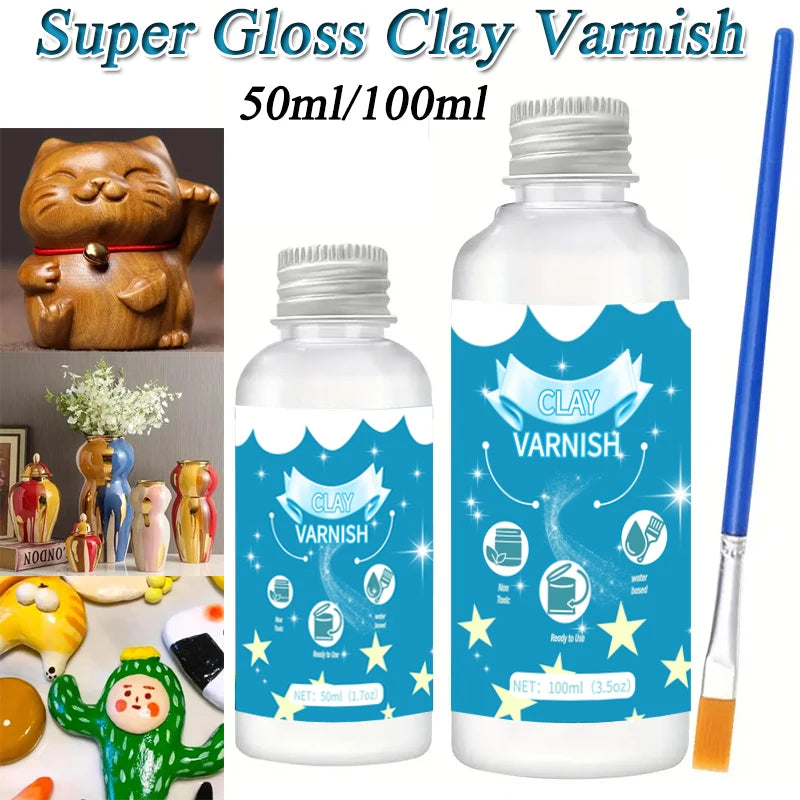 A bottle of Super Gloss Clay Varnish with a brush and various clay items.