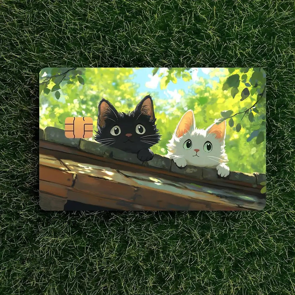 A digital illustration of a black cat and a white cat sitting on a wooden ledge with green foliage in the background.